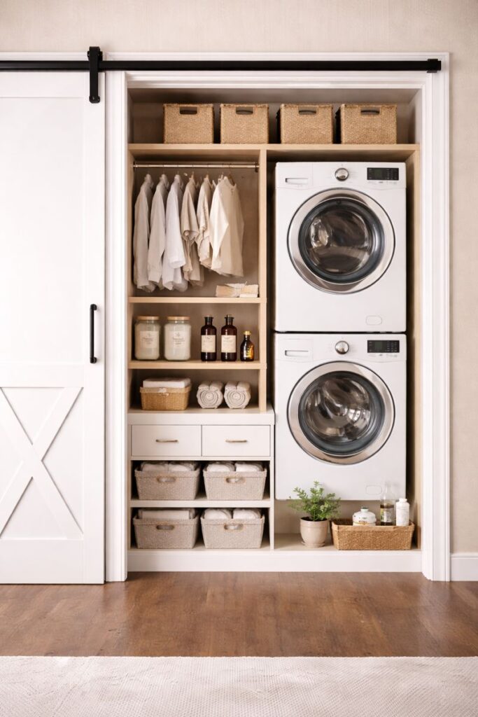 Organized laundry room that is fresh and neutral.