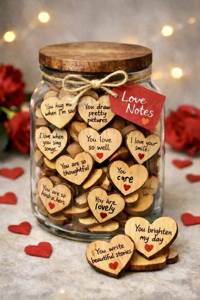 Wooden hearts with Valentine's Day love notes in jar with wooden lid