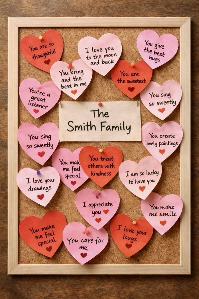 Handwritten Valentines Day love notes in shape of hearts pinned to bulletin board with family sign