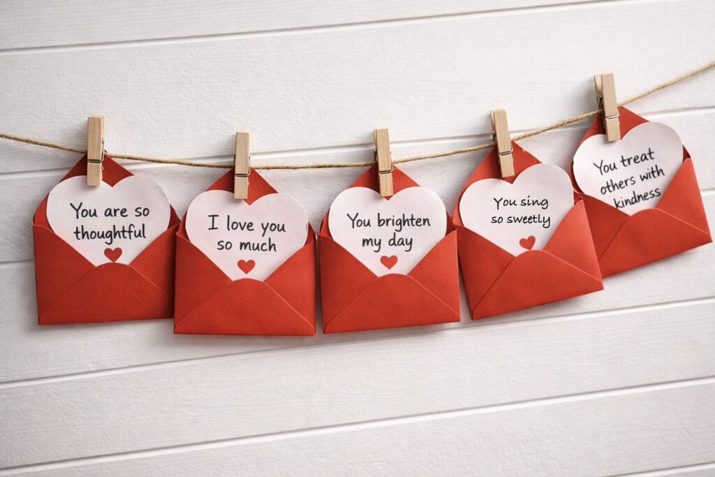 Red envelopes strung up on twine with clothes pins. Inside envelopes are Valentine's Day love notes to family members