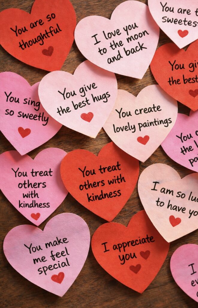 Handwritten Valentine's Day love notes in heart-shaped sticky notes 