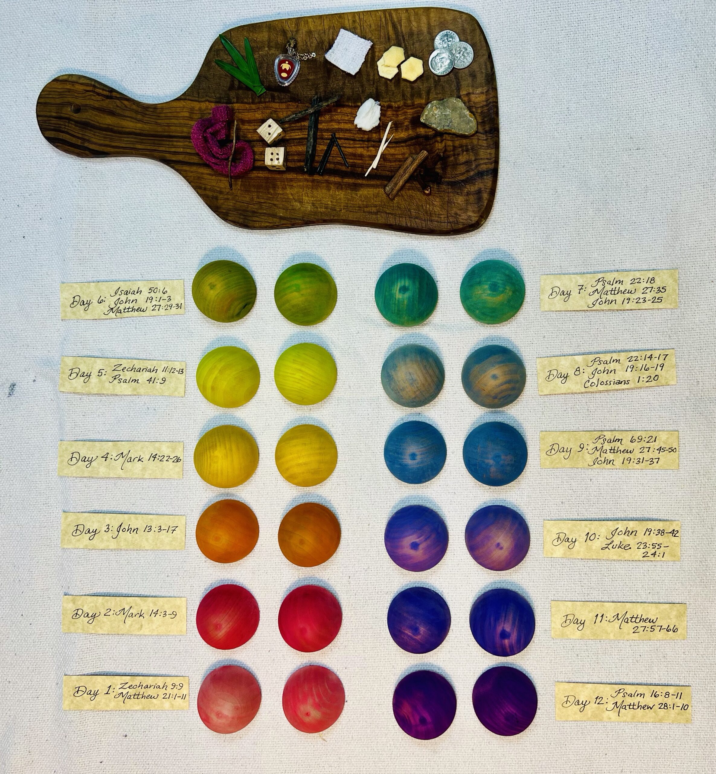 Wooden Board with Contents, Colorful Eggs and Verses