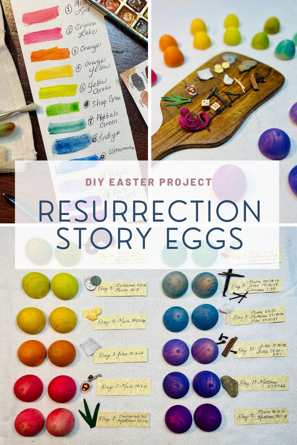 Three images of steps to create resurrection story eggs