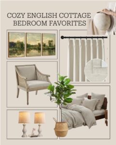 Amazon Images of purchase items for master bedroom with landscape prints, curtains, chair, bedding, lamps and pottery.