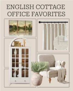Amazon Images of purchase items for home office with arched cabinets, landscape prints, curtains, chair and plants
