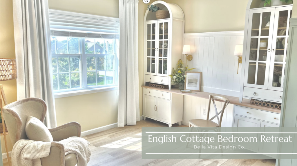 Sitting area with chair and lamp and office area with white arched cabinets and wood accents