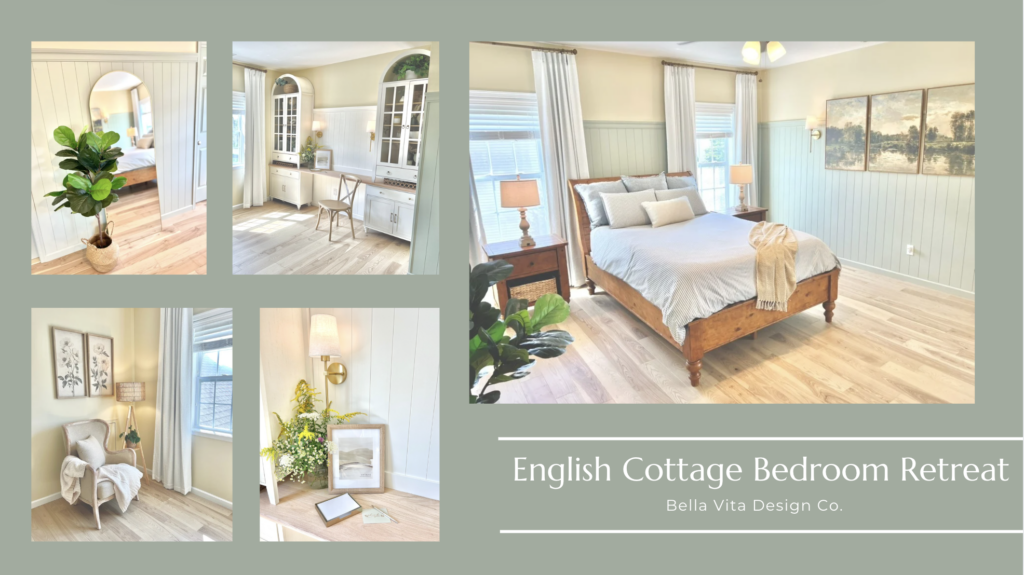 Final photos of master bedroom makeover with bed, office area, sitting area, mirror and desk area