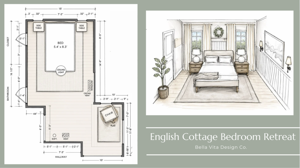 Sketches and plans for master bedroom with measurements and layout