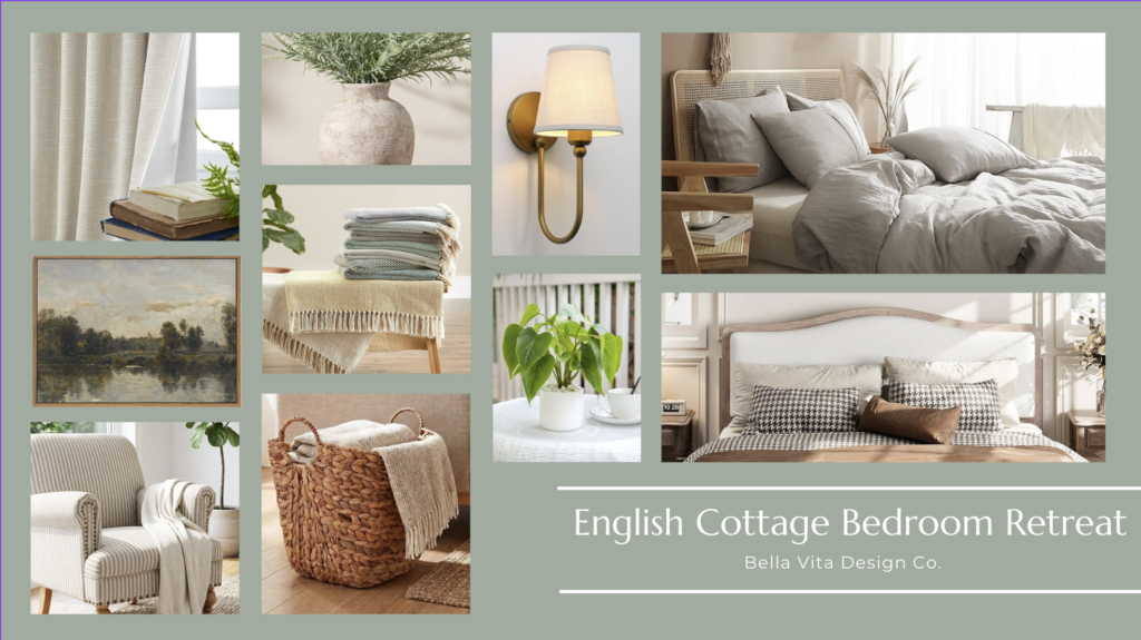 Inspirational images of materials used for a design board with linens, plans, wicker, striped fabrics, rustic elements and nature