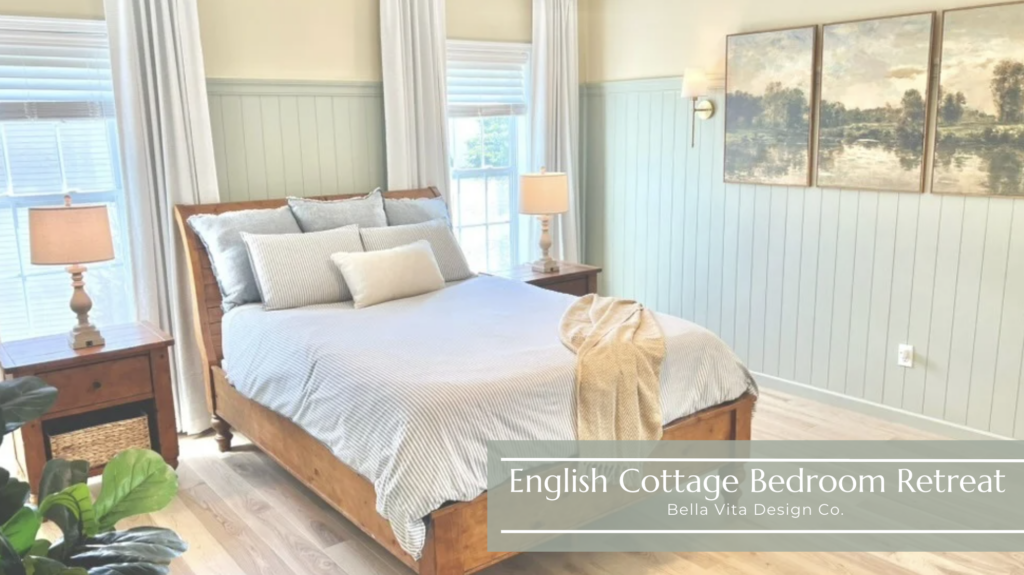 Master bedroom image with bed, side tables, lamps, nature photos and windows and plants