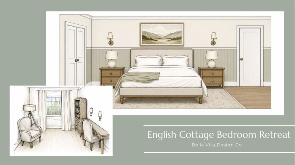 Sketches of master bedroom and office area that are inspired by calming colors and textures
