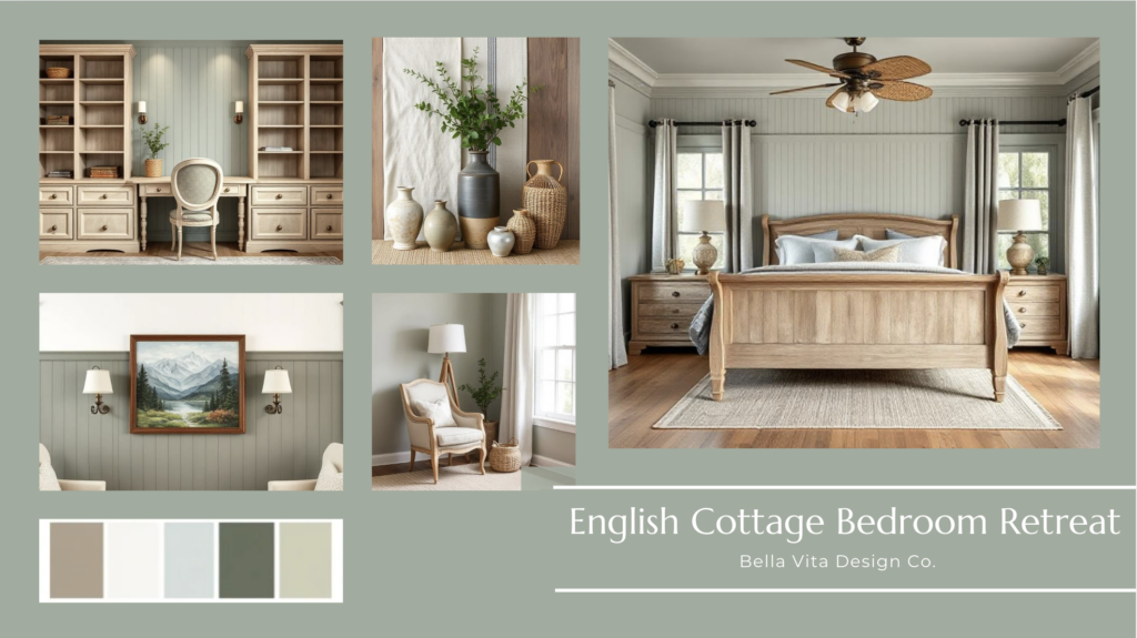 Design board for master bedroom inspired by English cottage materials, including colors, wood tones, accents and materials