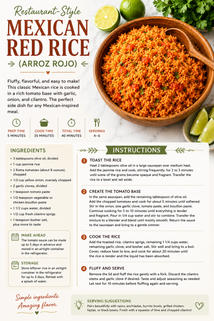 Vertical recipe card with text and restaurant style Mexican Red rice in wooden bowl with wooden spoon sitting on white counter. Wooden bowl surrounded by cut limes and cilantro.