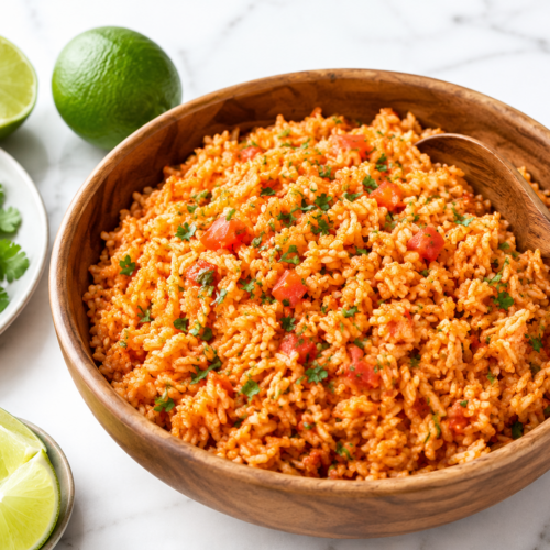 Red rice in wooden bowl with wooden spoon sitting on white counter. Wooden bowl surrounded by cut limes and cilantro.