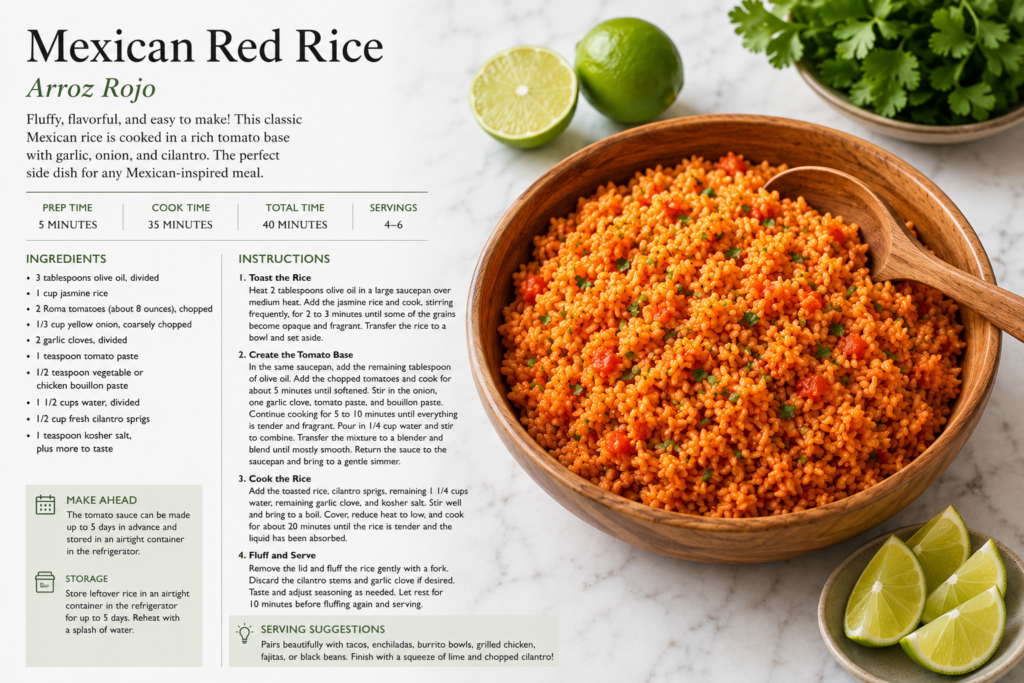 Horizontal recipe card with text. image of restaurant-style Mexican Red rice in wooden bowl with wooden spoon sitting on white counter. Wooden bowl surrounded by cut limes and cilantro.