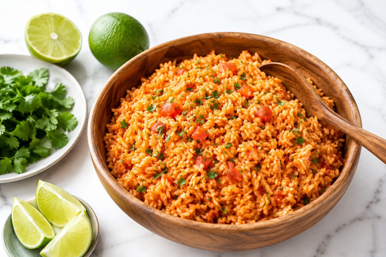 Red rice in wooden bowl with wooden spoon sitting on white counter. Wooden bowl surrounded by cut limes and cilantro.